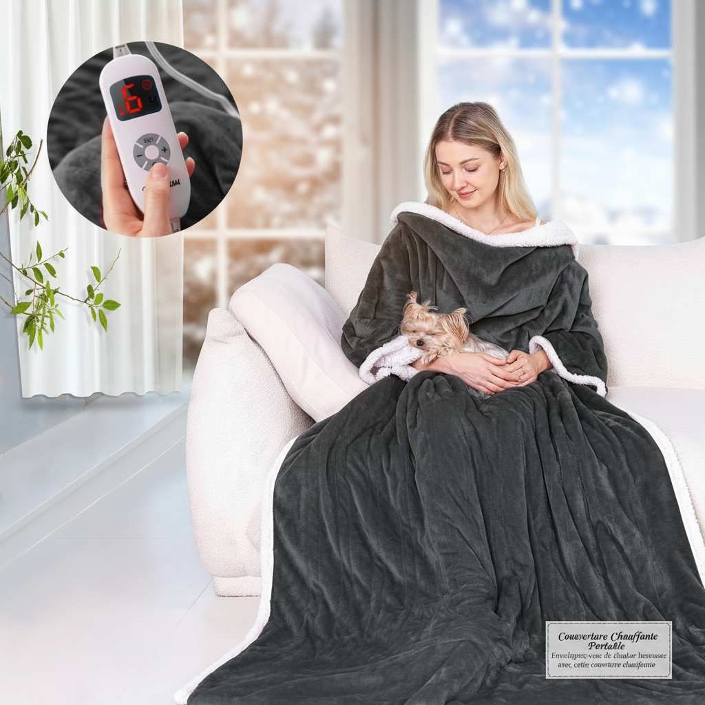 Wearable Heated Throw Blanket with Pockets, 50" x 70" Faux Fur and Sherpa Electric Wrap Poncho Shawl, 4-Hour Auto Shut Off, Machine Washable