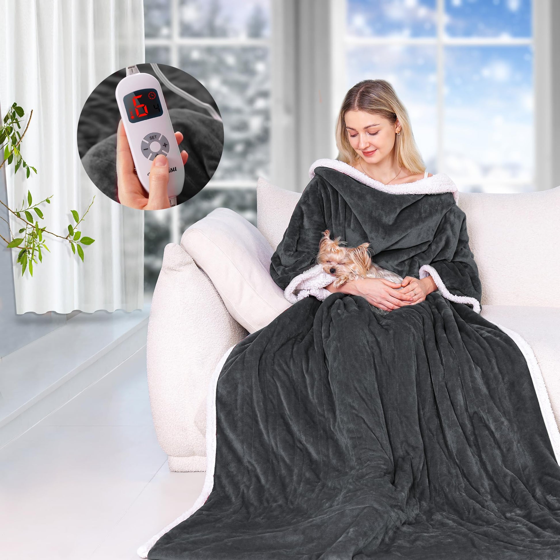 Wearable Heated Throw Blanket with Pockets, 50" x 70" Faux Fur and Sherpa Electric Wrap Poncho Shawl, 4-Hour Auto Shut Off, Machine Washable