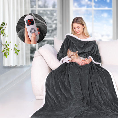 Wearable Heated Throw Blanket with Pockets, 50" x 70" Faux Fur and Sherpa Electric Wrap Poncho Shawl, 4-Hour Auto Shut Off, Machine Washable