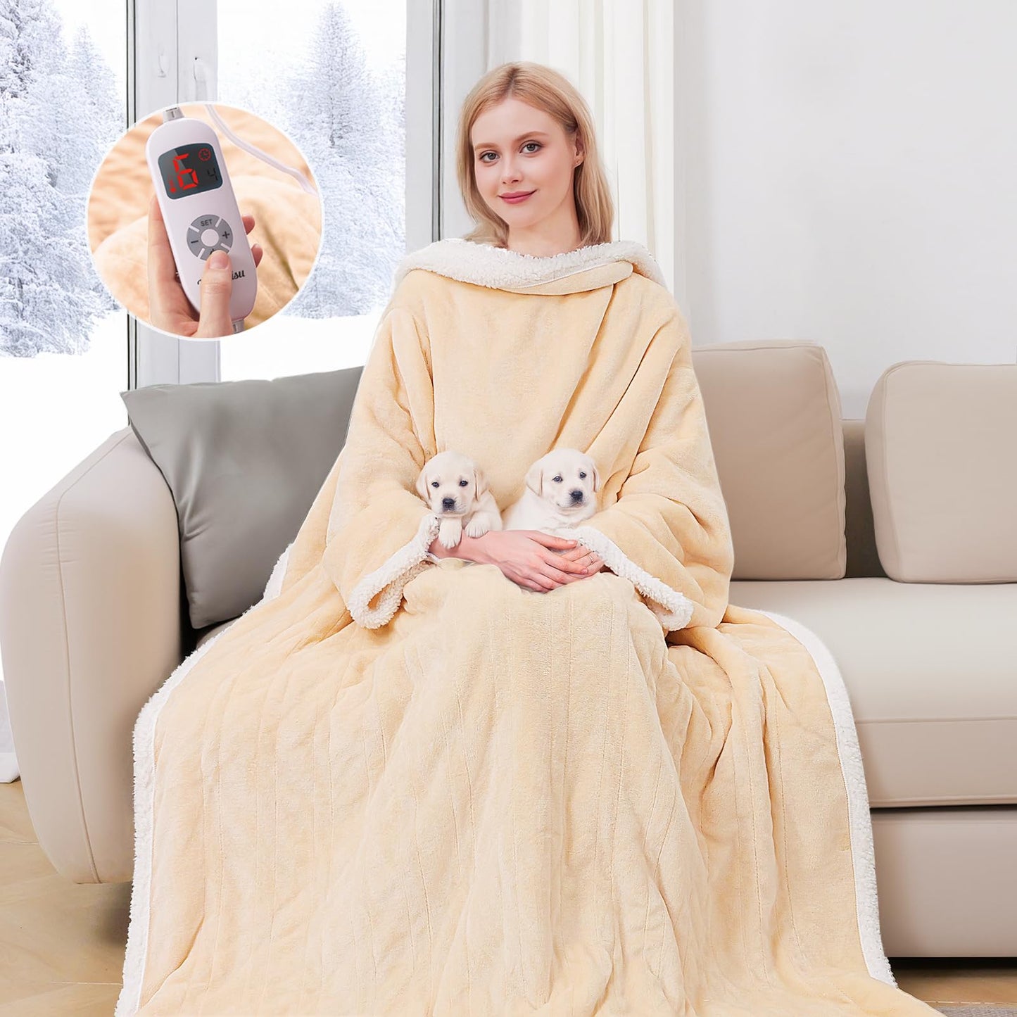 Wearable Heated Throw Blanket with Pockets, 50" x 70" Faux Fur and Sherpa Electric Wrap Poncho Shawl, 4-Hour Auto Shut Off, Machine Washable