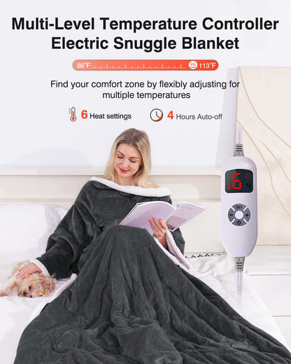 Wearable Heated Throw Blanket with Pockets, 50" x 70" Faux Fur and Sherpa Electric Wrap Poncho Shawl, 4-Hour Auto Shut Off, Machine Washable